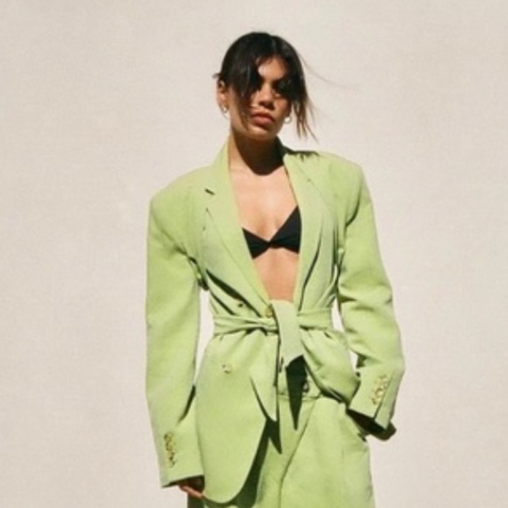 Zara Women's Lime Green Cinched Multi Style Double-Breasted Blazer